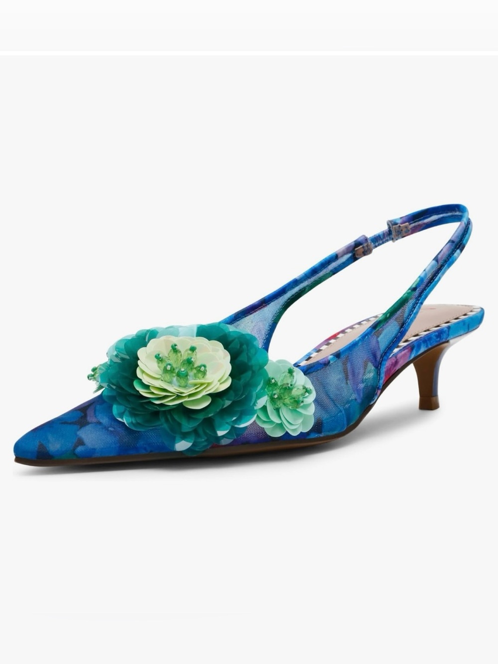 NWOT Betsey Johnson  Petra Floral Blue Floral  Mesh Slingback Kitten Heel Pumps